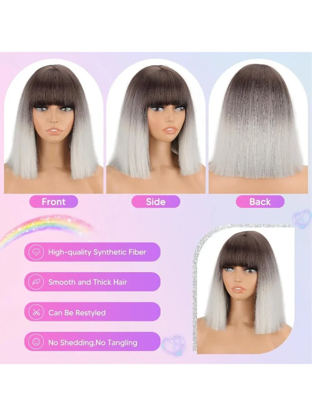 Women's Brown White 11 Inch Heat Resistant Synthetic Short Straight Wigs Bangs